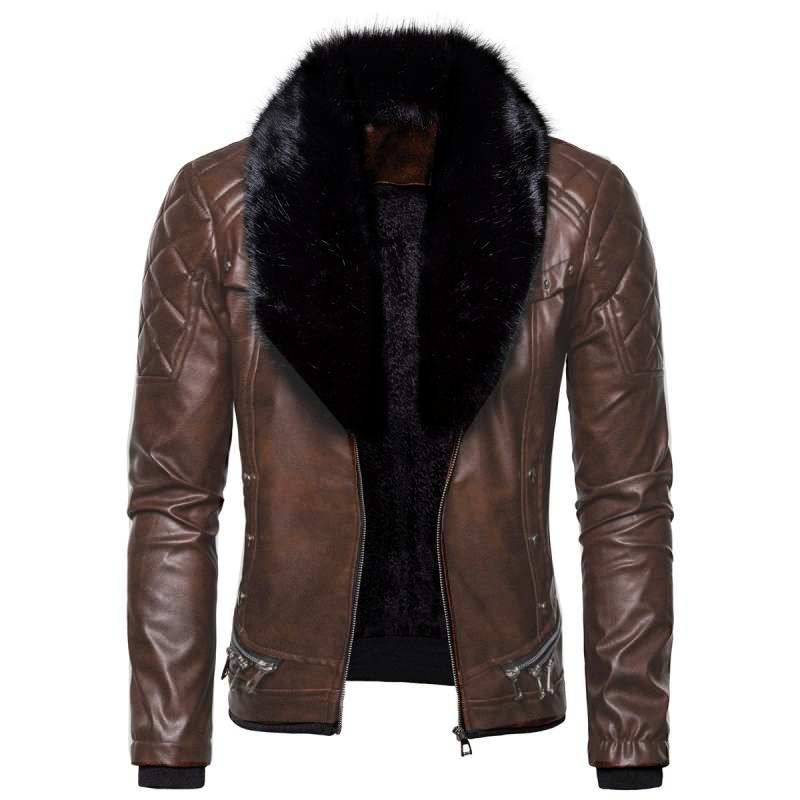 Men's Vintage Fur Collar Zipper Panel Leather Jacket 84578852M