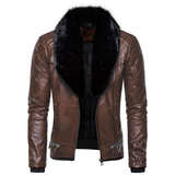 Men's Vintage Fur Collar Zipper Panel Leather Jacket 84578852M