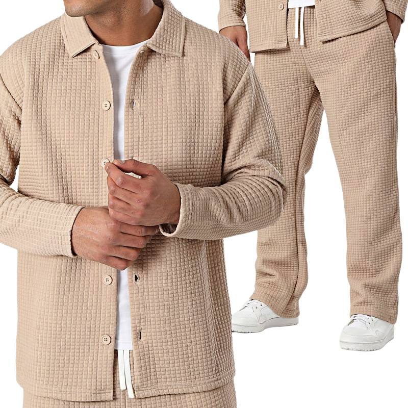 Men's Solid Waffle Jacket and Pants Set 54656528Y