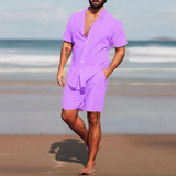 Men's Casual Vacation Solid Color Short Sleeve Shirt Shorts Beach Set 10589830M