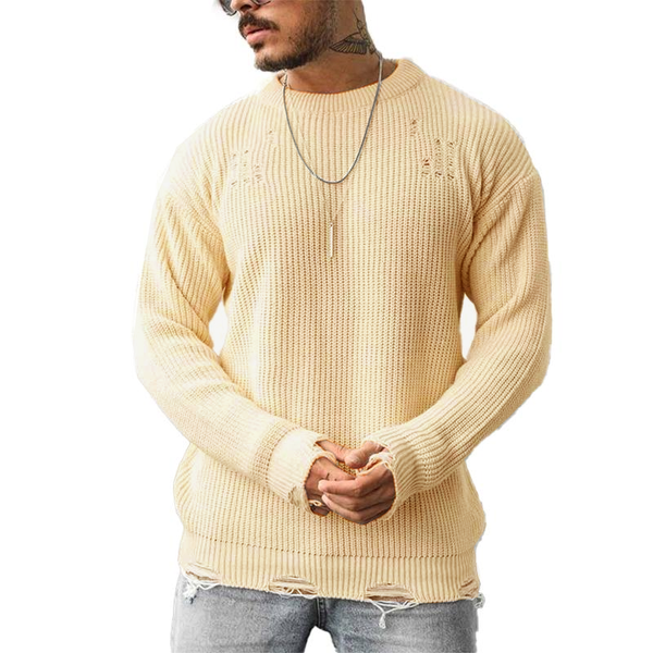 Men's Casual Solid Color Ripped Crew Neck Sweater 39016293Y