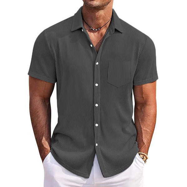Men's Casual Solid Color Corduroy Lapel Patch Pocket Loose Short Sleeve Shirt 50830940M