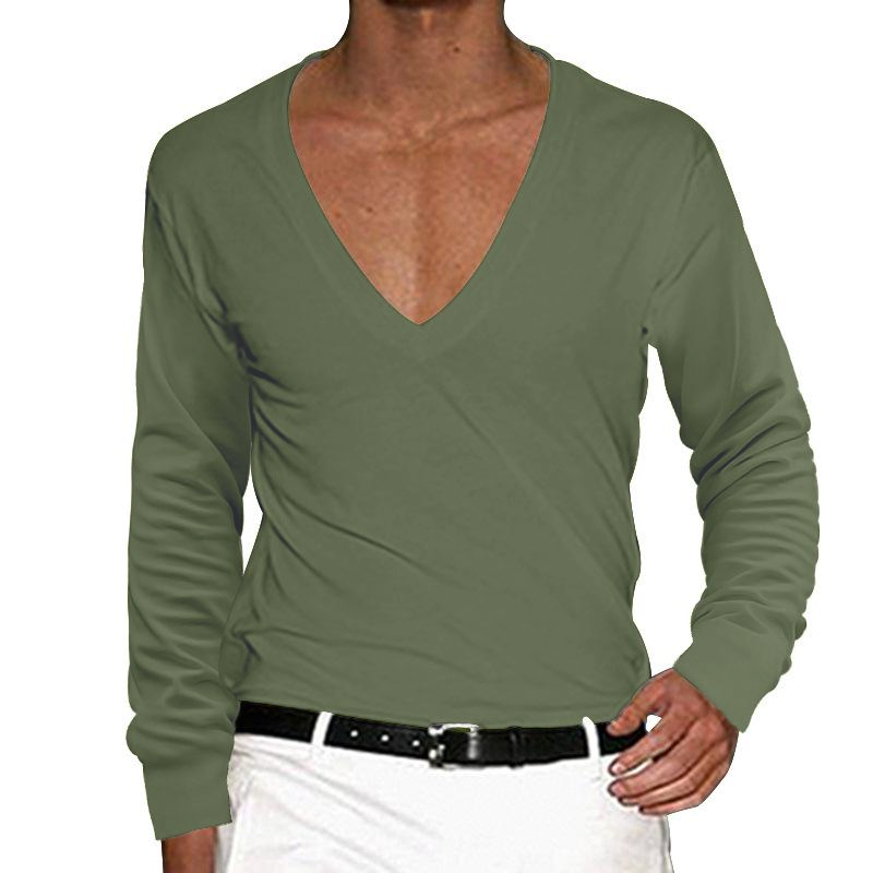 Men's Casual V Neck Solid Color Slim Long Sleeve T-Shirt 11701217M