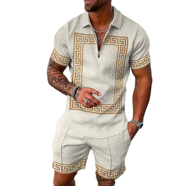 Men's Vintage Print Short Sleeve Polo Shirt Shorts Set 32474522Y