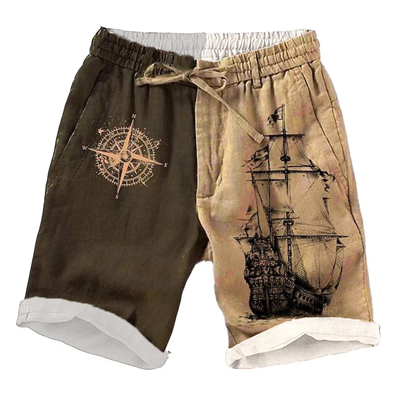 【24-hour shipping】Men's Casual Vintage Ship Print Drawstring Shorts 37009889Y