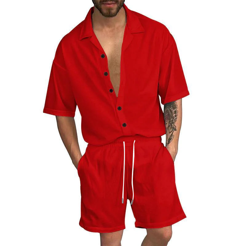 Men's Casual Solid Color Lapel Short Sleeve Shirt Drawstring Shorts Set 92220276Y