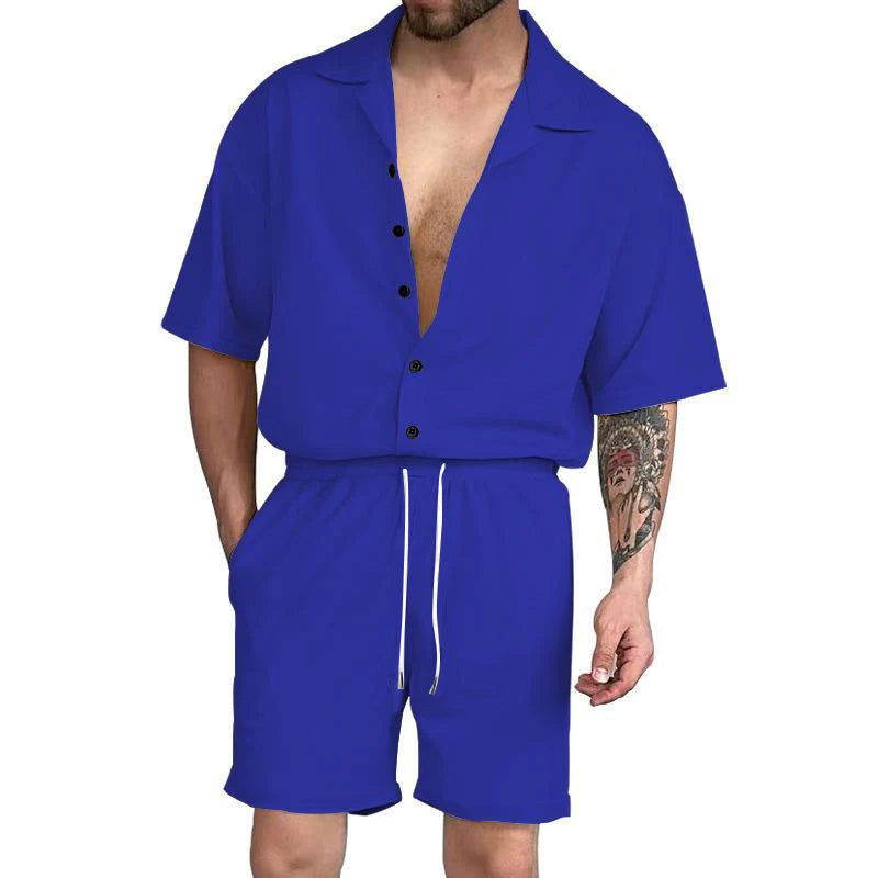 Men's Casual Solid Color Lapel Short Sleeve Shirt Drawstring Shorts Set 92220276Y