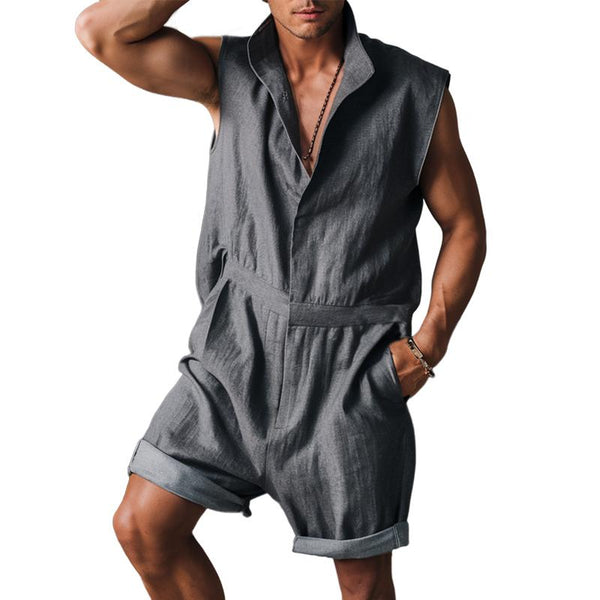 Men's Cotton And Linen Stand Collar Sleeveless Shorts Jumpsuit 35252786Y