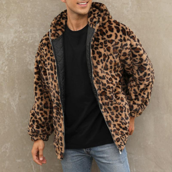 Men's Fashion Leopard Print Warm Fleece Zipper Padded Bomber Jacket 83611903M