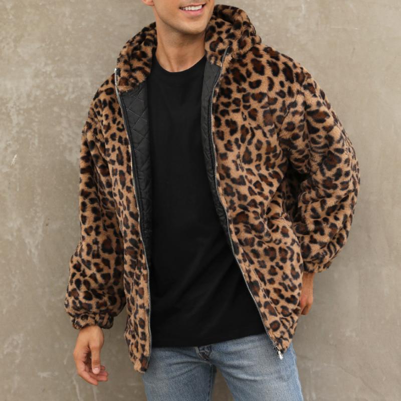 Men's Fashion Leopard Print Warm Fleece Zipper Padded Bomber Jacket 83611903M