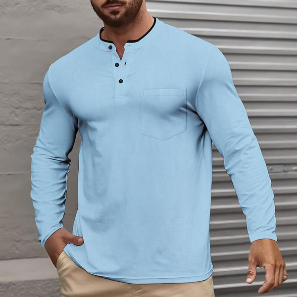 Men's Solid Color Henley Collar Chest Pocket Long Sleeve Casual T-shirt 15284224Z