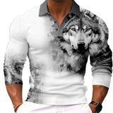 Men's Wolf Print Lapel Long Sleeve Polo Shirt 96911605Z