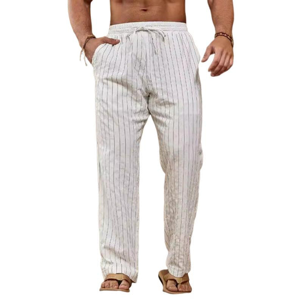 Men's Striped Cotton And Linen Elastic Waist Straight Casual Pants 33294426Z