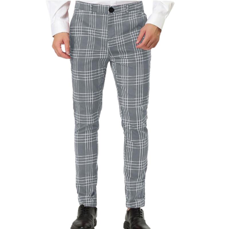 Men's Retro Casual Simple Slim Fit Plaid Skinny Suit Pants 40425148TO