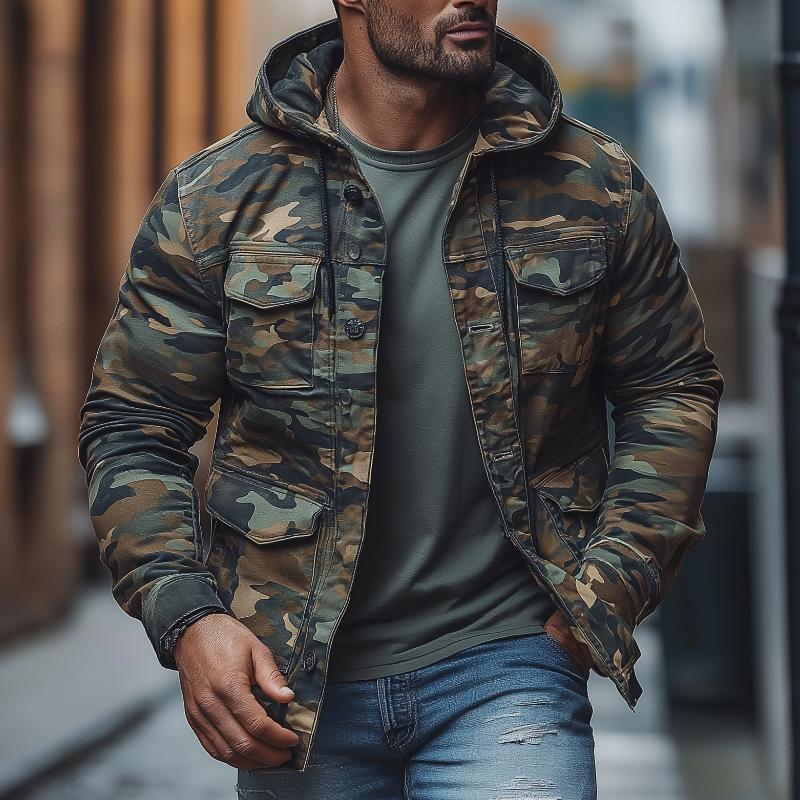 Veste décontractée à capuche et à poches multiples pour homme, style camouflage, à simple boutonnage, 42185129M