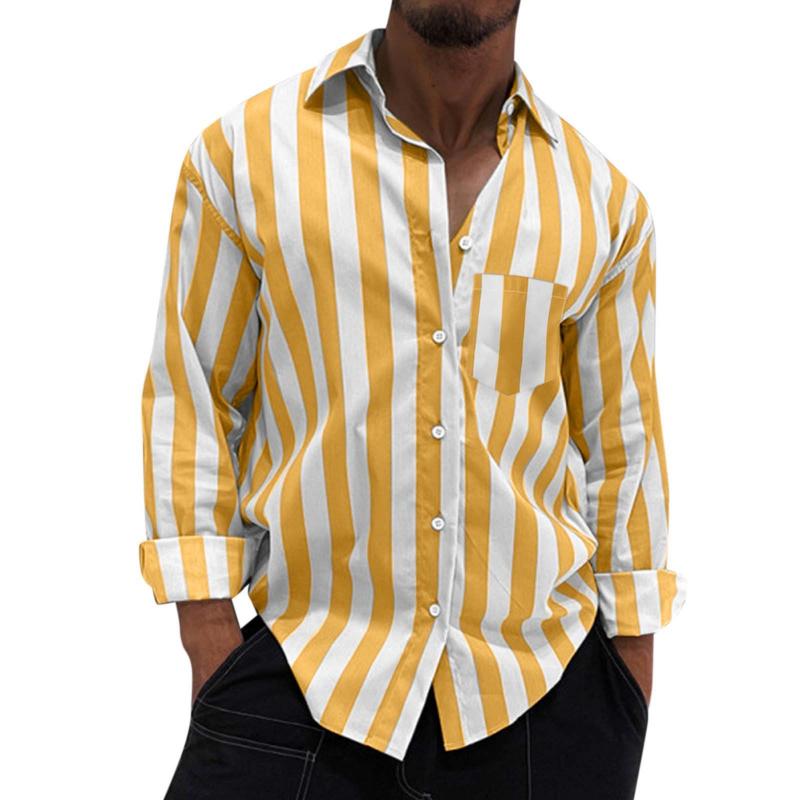Men's Casual Striped Lapel Patch Pocket Loose Long Sleeve Shirt 94652300M
