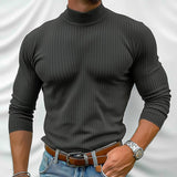 Men's Solid Color Striped Short High Collar Long Sleeve Casual T-shirt 02529438Z