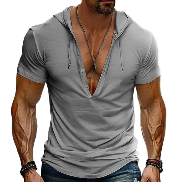 Men's Solid Button V-Neck Hooded Slim Fit Short-Sleeved T-Shirt 77609144Y