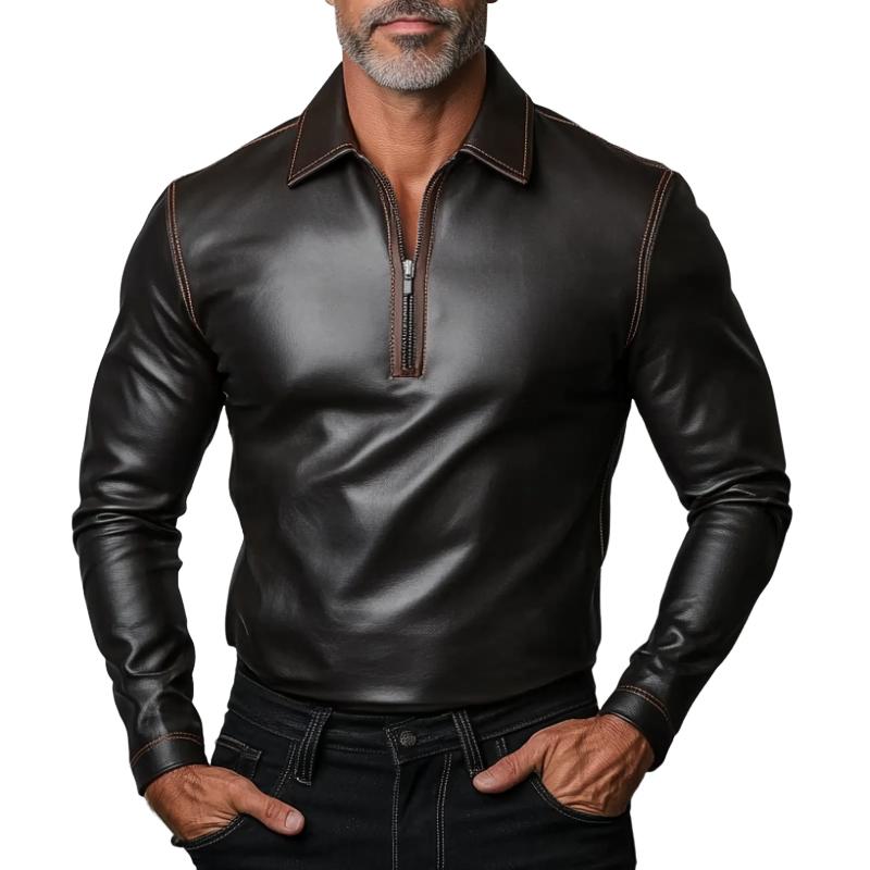 Men's Fashion Zipper Lapel Leather Long Sleeve Polo Shirt 63111453Y