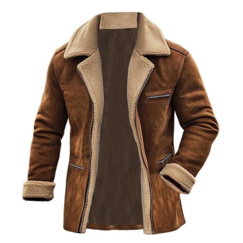 Men's Fleece Suede Lapel Suede Single Breasted Multi-pocket Coat 62920039Z