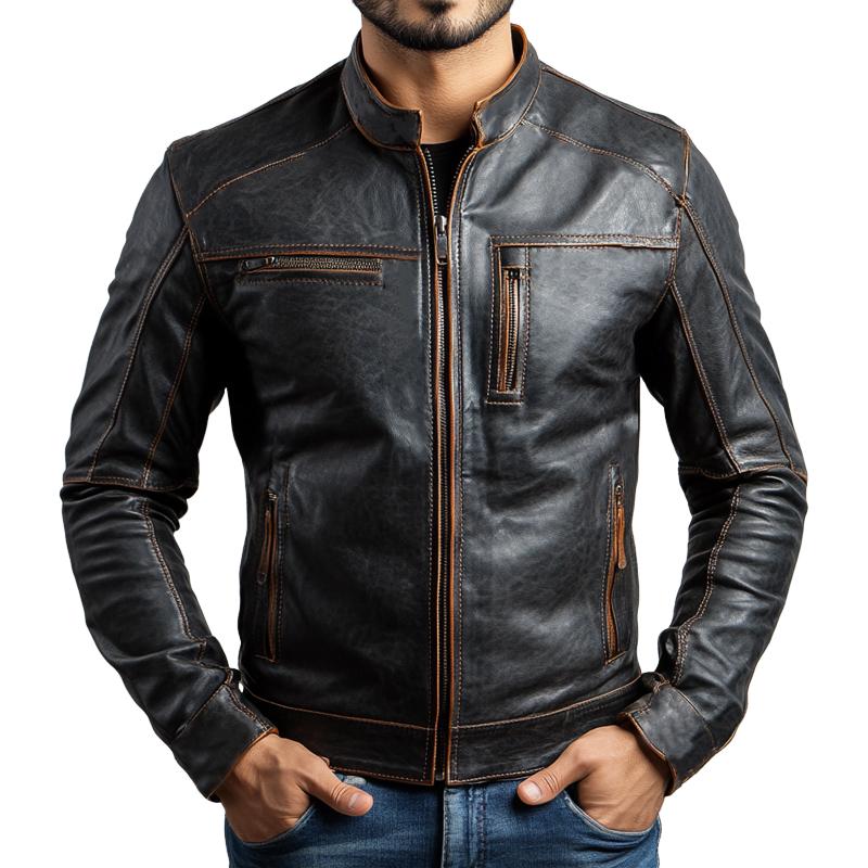 Men's Vintage Stand Collar Zipper Leather Jacket 53026977U