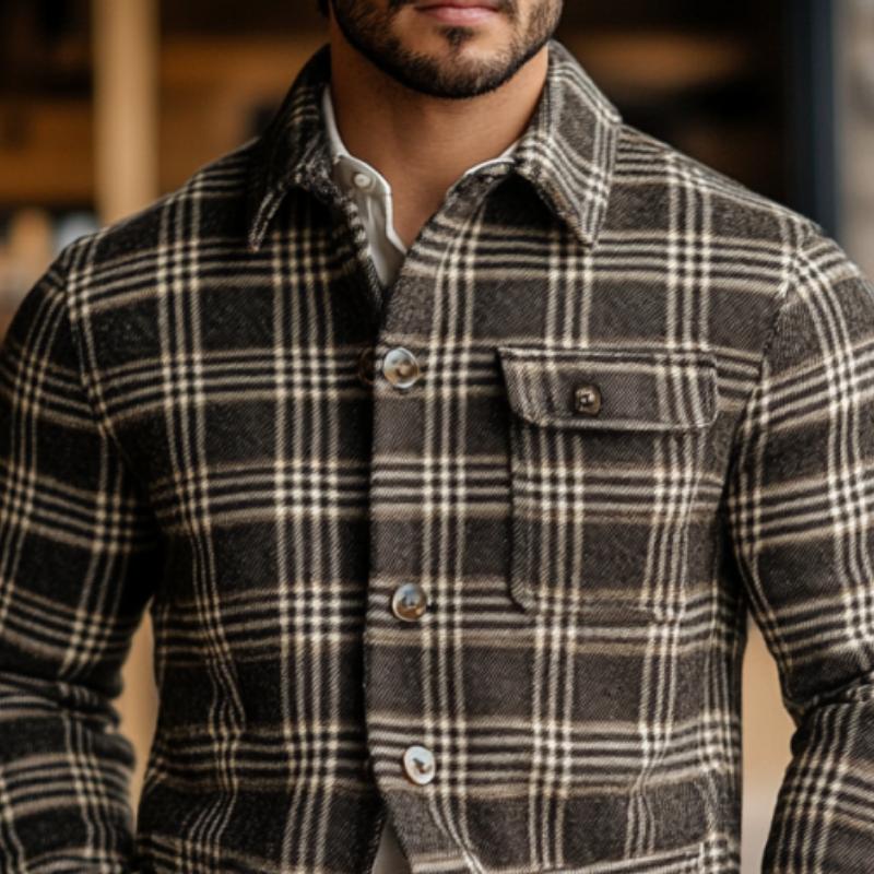 Men's Vintage Flannel Check Printed Chest Pocket Overshirt Jacket 74880746Y