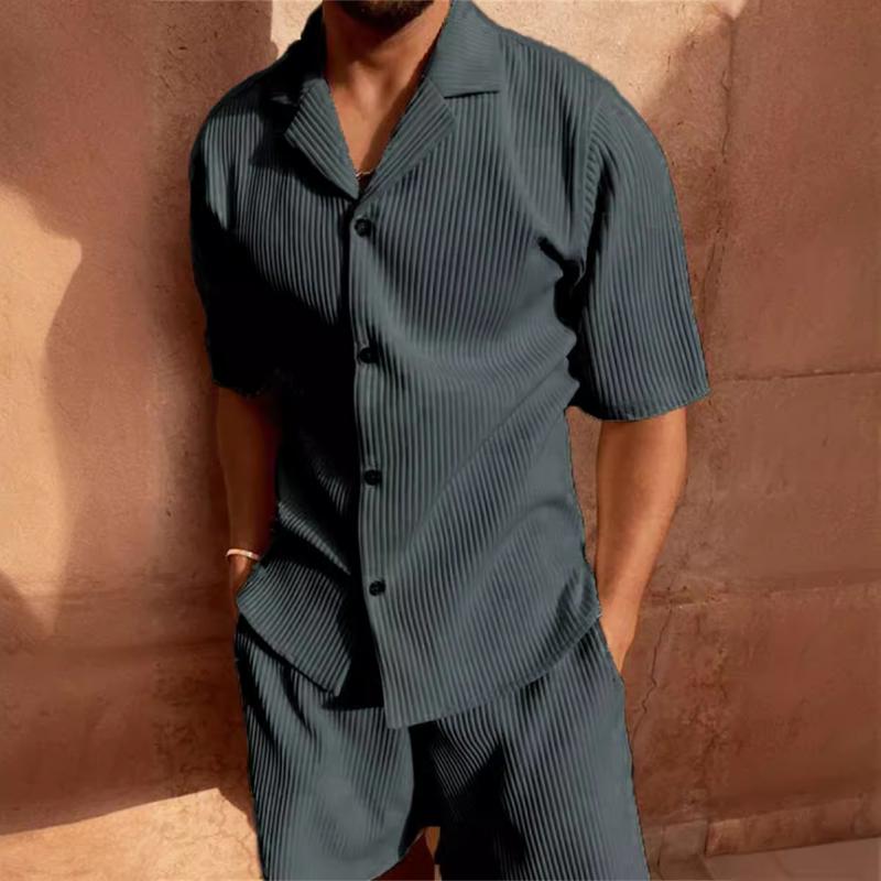 Men's Solid Corduroy Lapel Short Sleeve Shirt Shorts Set 02433697Z