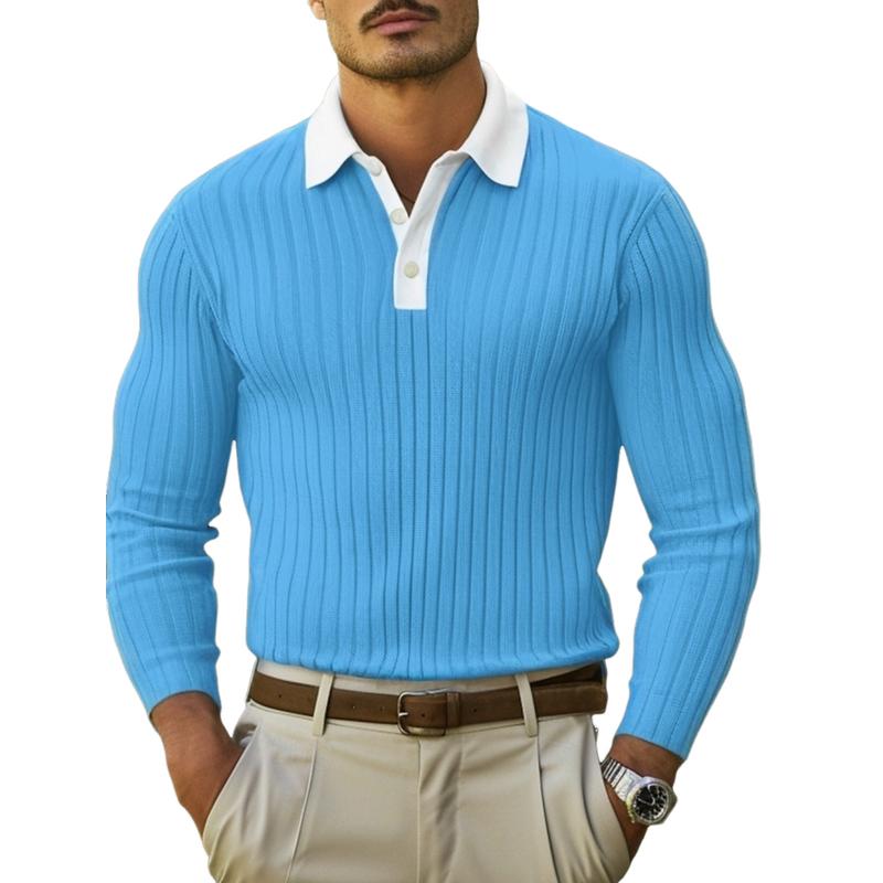 Men's Casual Colorblock Lapel Slim Fit Long Sleeve Polo Shirt 46391370M