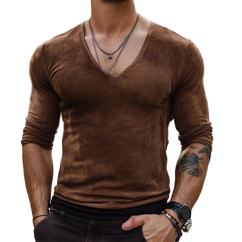 Men's Fashion Suede Slim Fit V Neck Long Sleeve T-Shirt 29648945Y