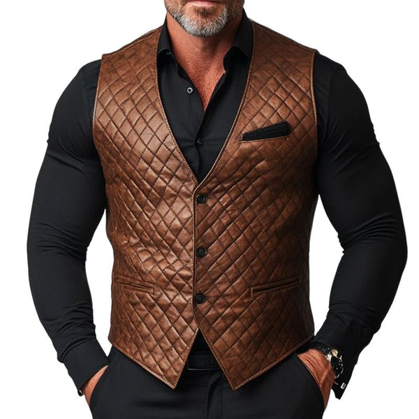 Men's Retro Casual Leather Diamond Button Collarless Vest 63055153TO