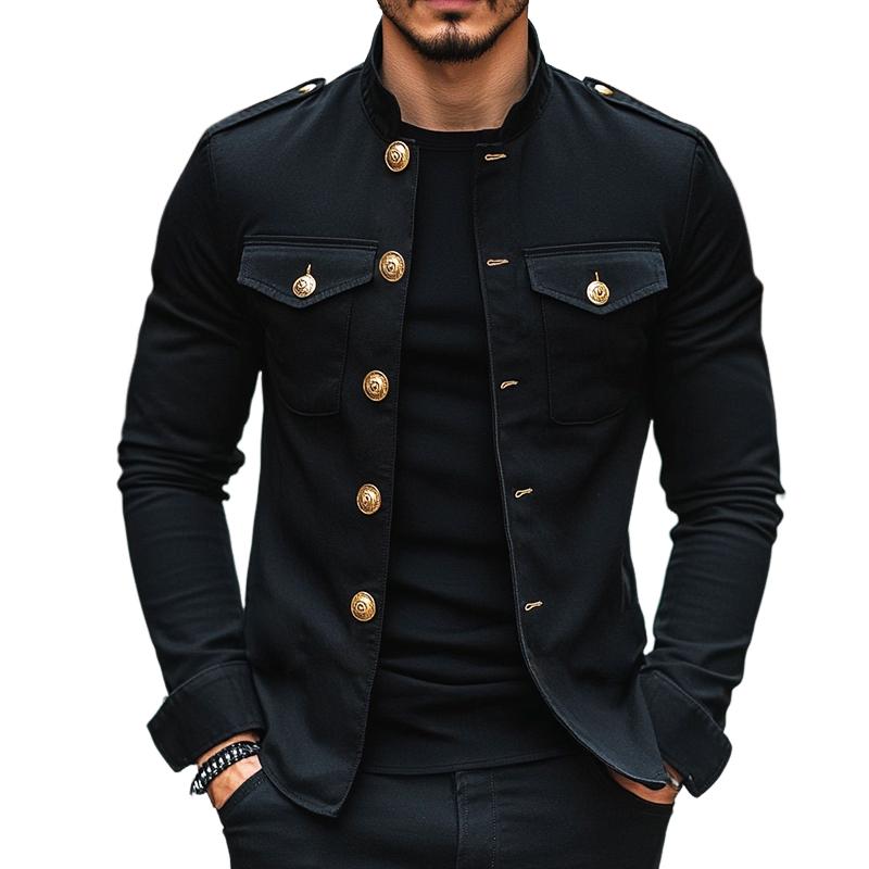 【24-hour shipping out】Men's Vintage Casual Solid Stand Collar Button J