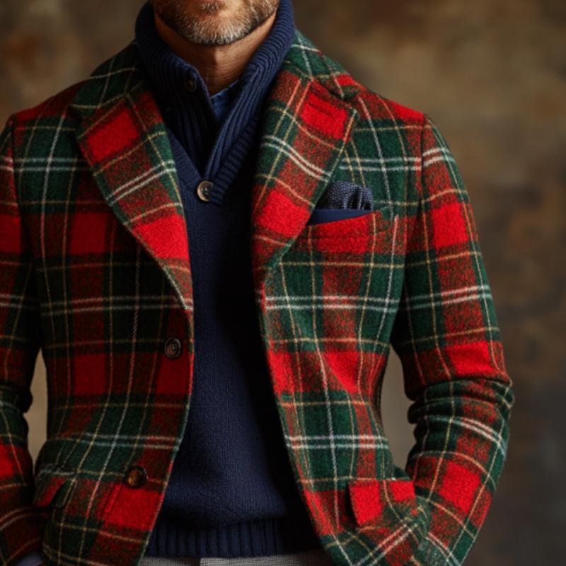 【24-hour shipping】Men's Vintage Christmas Colorblock Plaid Print Tweed Lapel Single-Breasted Blazer 25819467Y