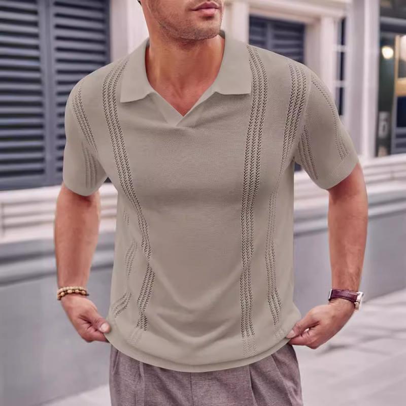 Men's Casual V-Neck Breathable Jacquard Knit Short Sleeve Polo Shirt 86670392M