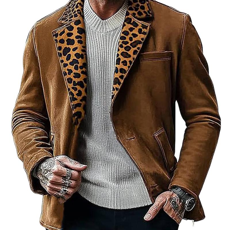 Men's Suede Leopard Print Collar Patchwork Jacket 36027615U