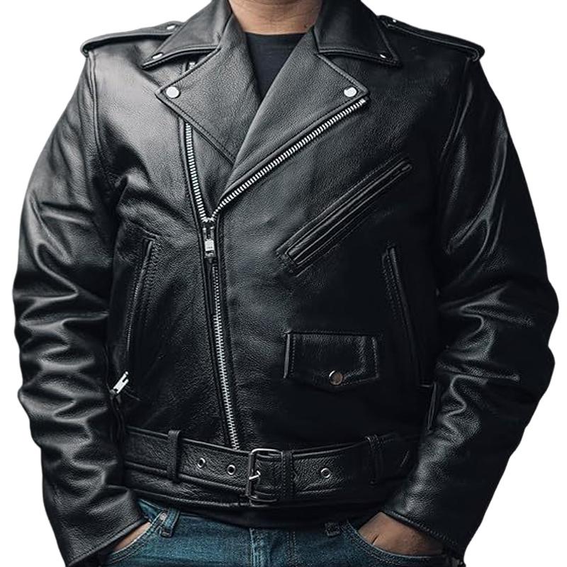 Giacca casual in pelle da motociclista tinta unita da uomo 70049771X