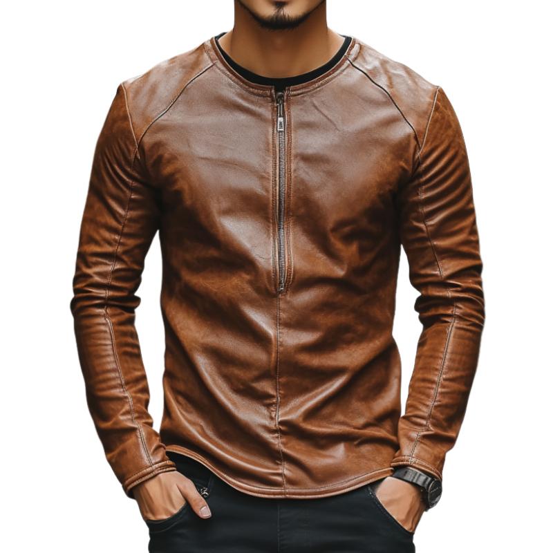 Men's Casual Fashion Round Neck Zipper Slim Leather Long Sleeve T-Shirt 98608514K