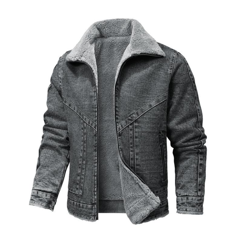 Men's Casual Fleece Warm Patchwork Lapel Single-breasted Denim Jacket 80970820M