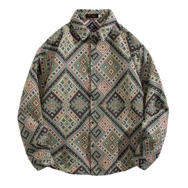 Men's Loose Digital Color Block Print Lapel Long Sleeve Shirt 81546878F