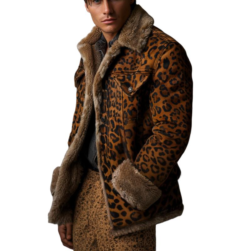 Men's Leopard Print Lapel Insulated Jacket 81335776F