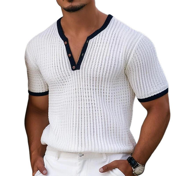 Men's Casual Contrast Color Waffle V-Neck Short Sleeve T-Shirt 63603755M