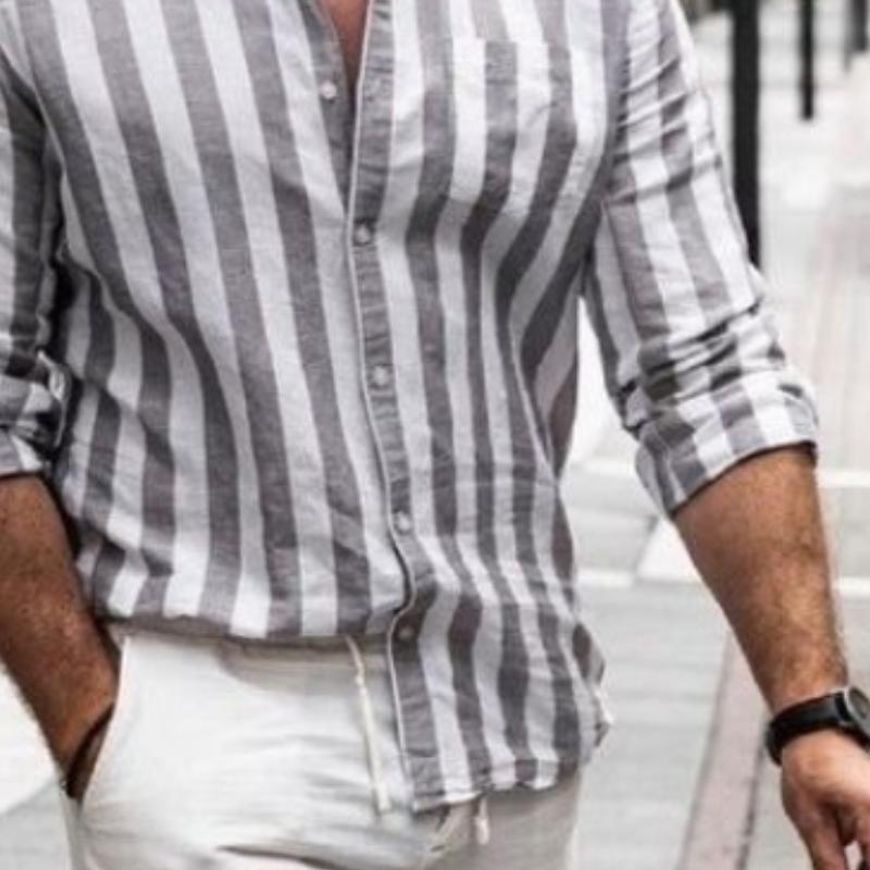 Men's Casual Fashionable Vertical Striped Linen Long-sleeved Shirt 15043015K