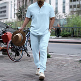 Men's Solid Color Pleated Stand Collar Short-Sleeved Shirt And Trousers Set 62474803Y