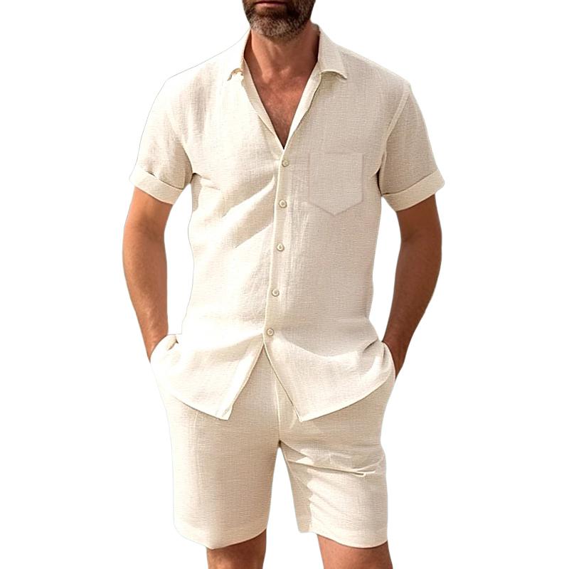 Men's Cotton And Linen Short-Sleeved Shirt And Shorts Set 68755970Y