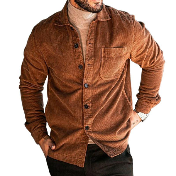 Men's Vintage Casual Corduroy Lapel Long Sleeve Shirt 69927853TO