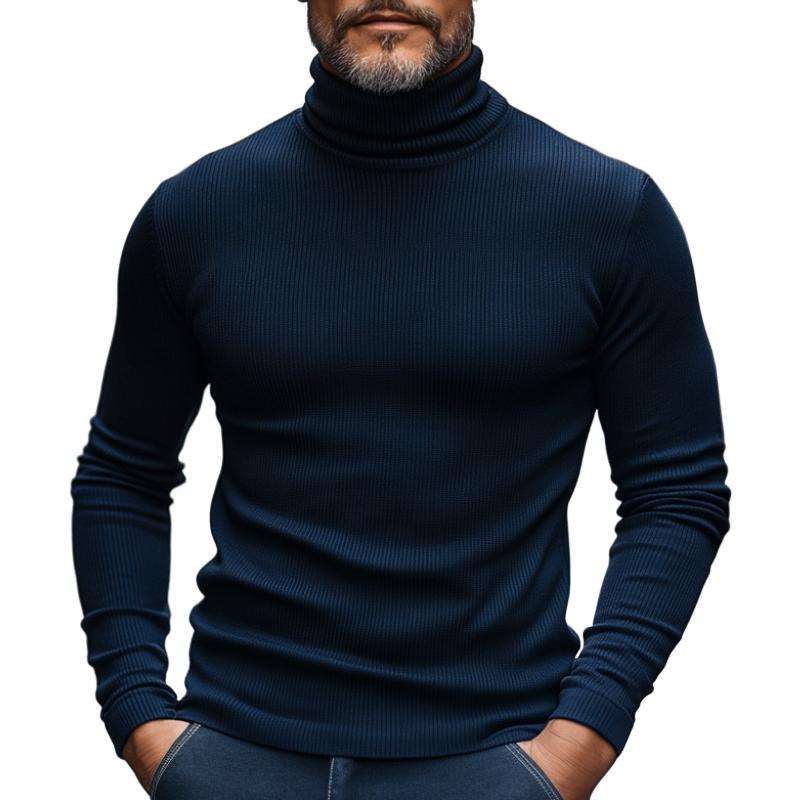 Men's Slim Fit Solid Color High Collar Ribbed Bottom Long Sleeve T-shirt 29955115F