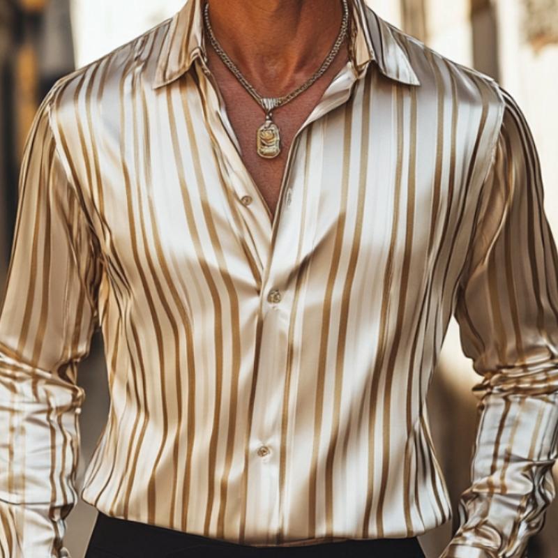 Men's Striped Satin Lapel Long Sleeve Shirt 60533337F