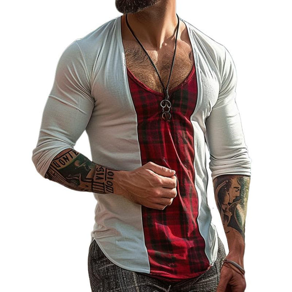 Men's Casual Plaid Stitching Round Neck T-Shirt 55456251TO