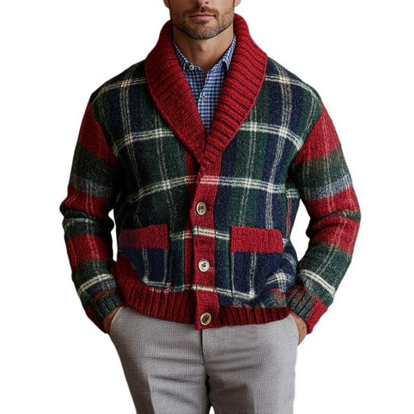 Men's Retro Christmas Colorful Plaid Lapel Single-breasted Knit Cardigan 43798367Y