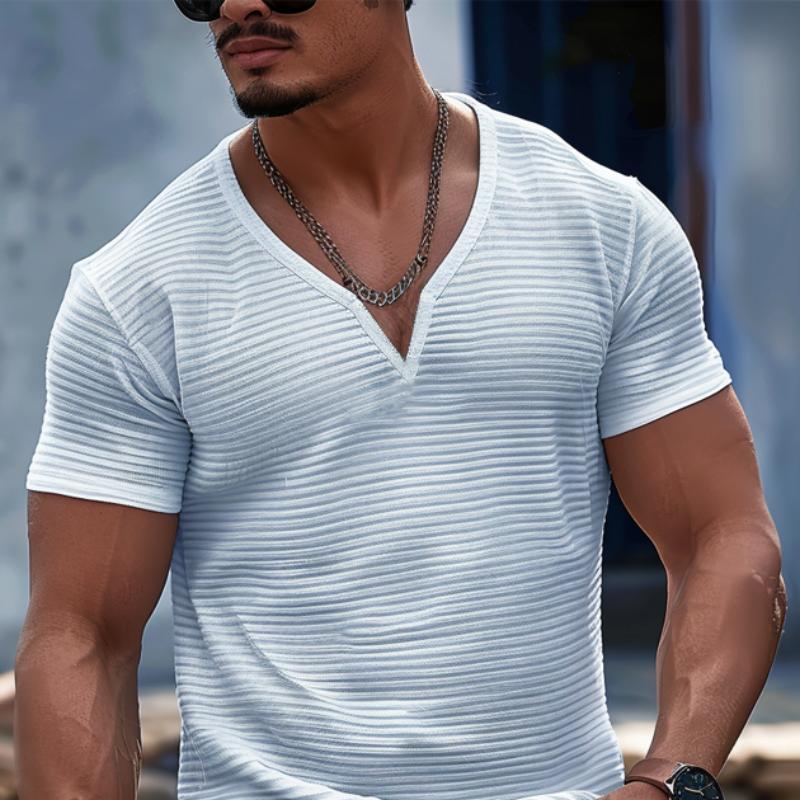 Men's Striped V-Neck Fitted Short Sleeve T-Shirt 22636015Y