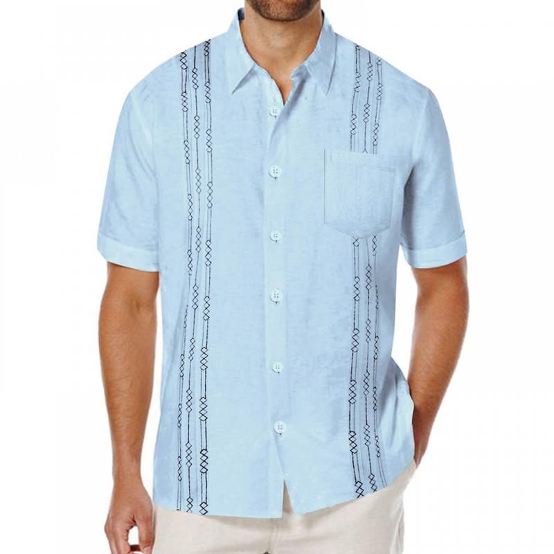 Men's Solid Cuban Beach Shirt Pocket Short Sleeve Linen Shirt 42802648Z